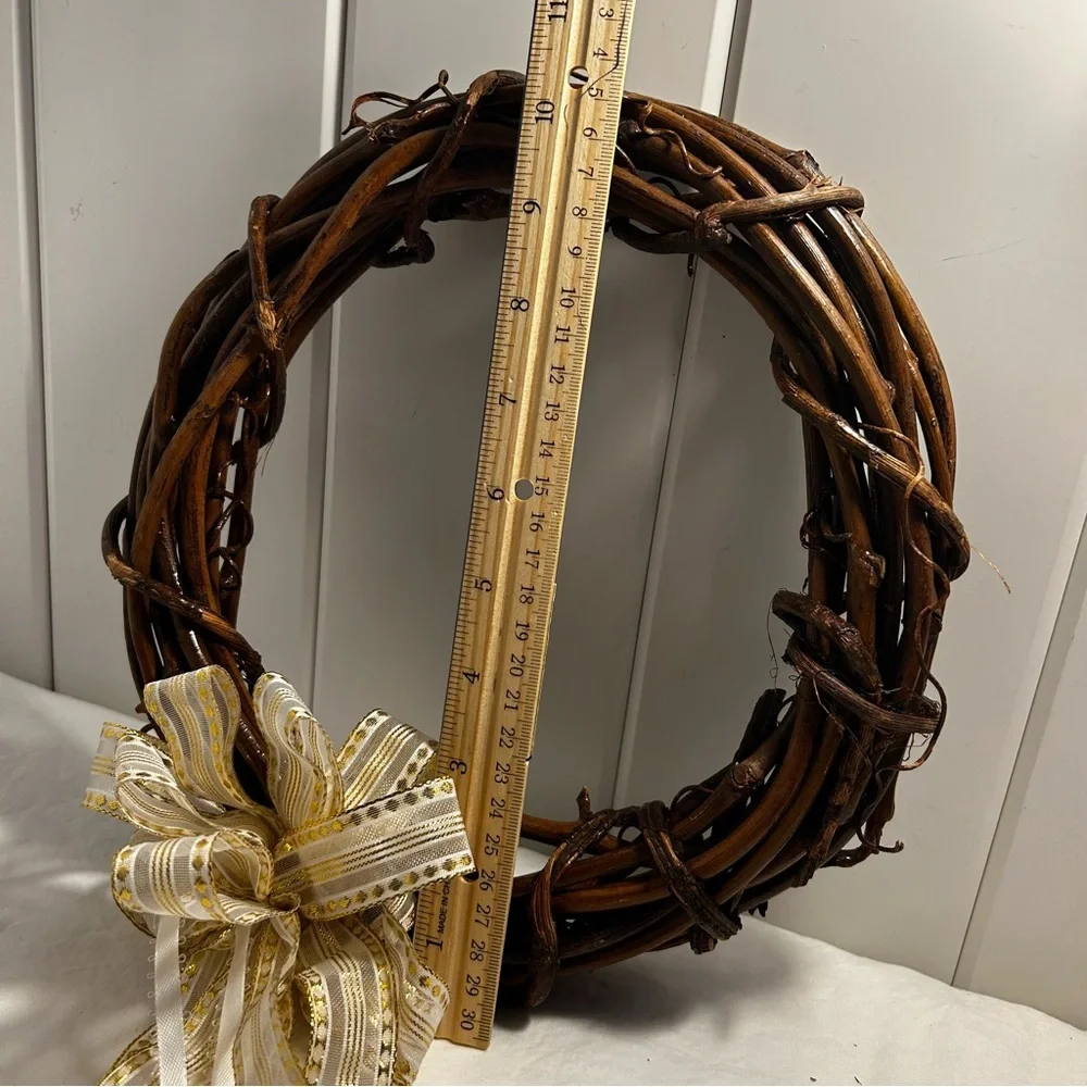 Grapevine Wreath Decorative Brown branch with Gold & White Ribbon